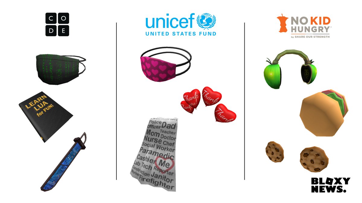 Bloxy News On Twitter Tomorrow April 30 Roblox Will Be Releasing 9 Charity Accessories Benefiting Codeorg Unicef And Nokidhungry For Every Robux Spent On These Items Roblox Will Donate A Matching Amount