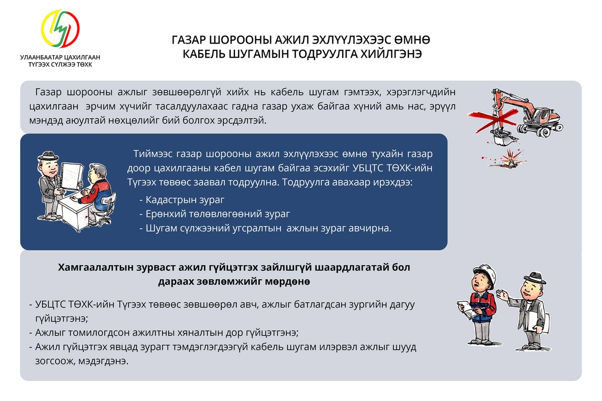 Хэрэглэгчдийн анхааралд.
Газар шорооны ажил эхлүүлэхээс өмнө кабель шугамын тодруулга заавал хийлгээрэй.