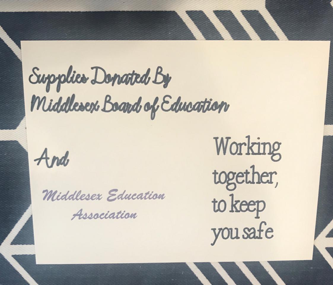 We have a #proudpartnership with our District, retired member to bring face masks/shields to Middlesex friends.  Laurie Wood delivered 35 shields to <a href="/middlesexpd/">Middlesex Police</a>. She made masks for all of MEA's custodians while they sanitize our schools.  #workingtogethertokeepyousafe