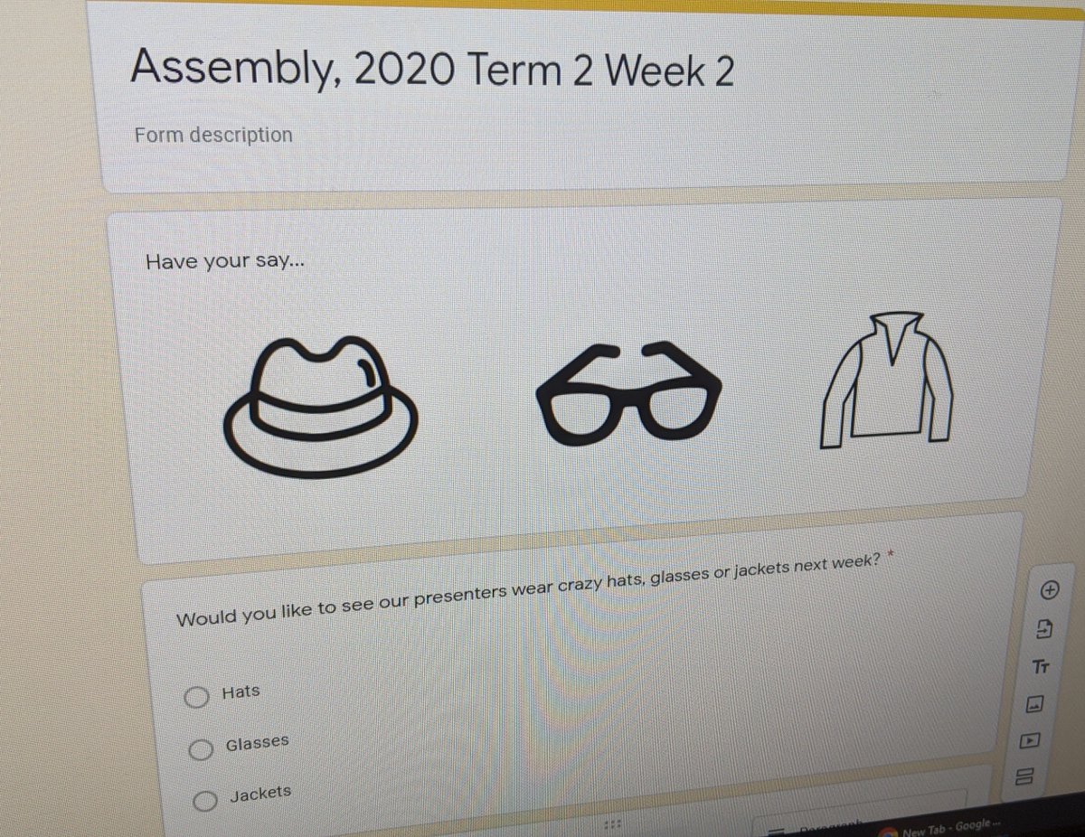 Recorded and sent this week's virtual assembly with Google Meet, including a 'Have your say' segment / survey for families next week... because who wouldn't want to see the school deputy principals and principal wear a crazy hat, glasses or jacket? 🤔#onlinetogetherAU