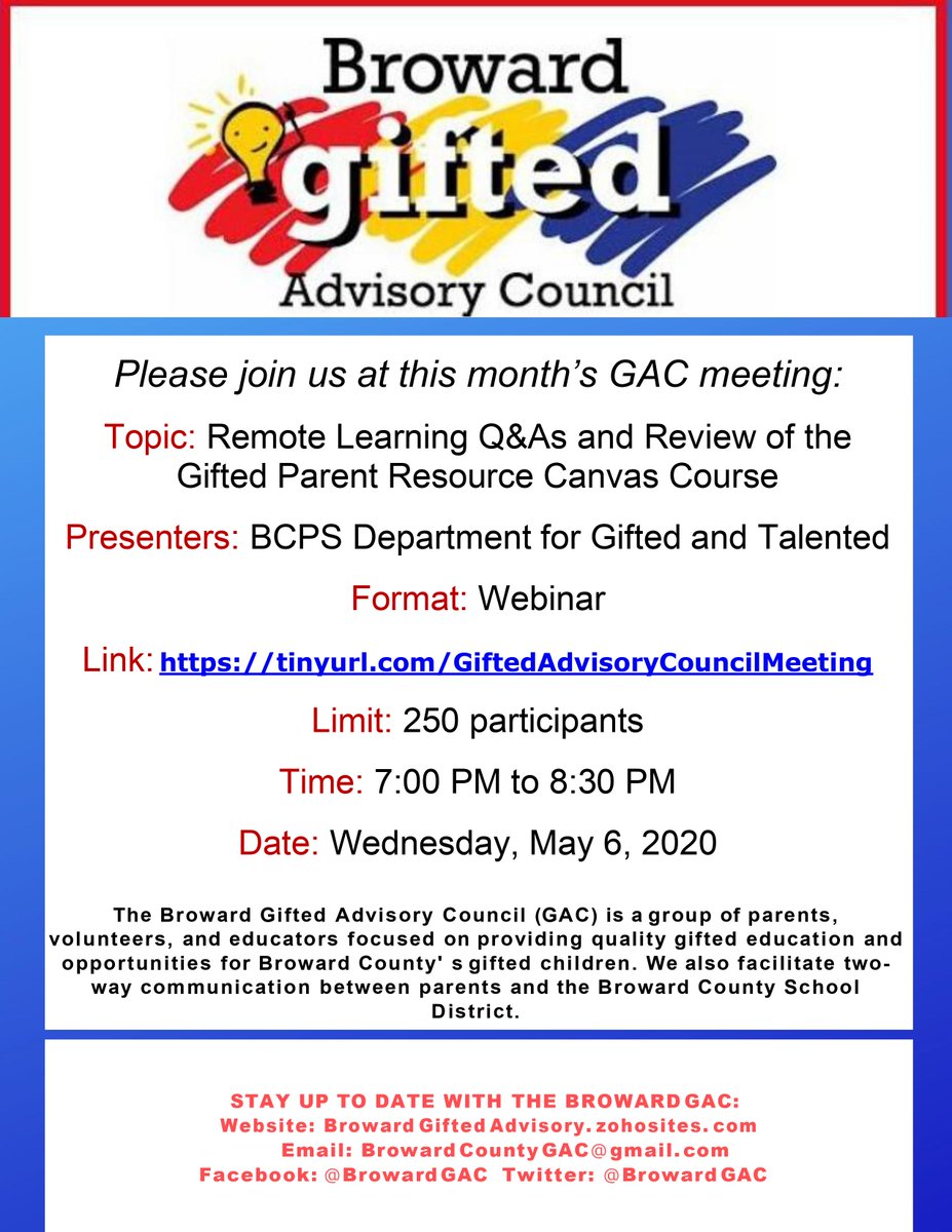 Save the date! We hope to see everyone virtually on May 6th at tinyurl.com/GiftedAdvisory…