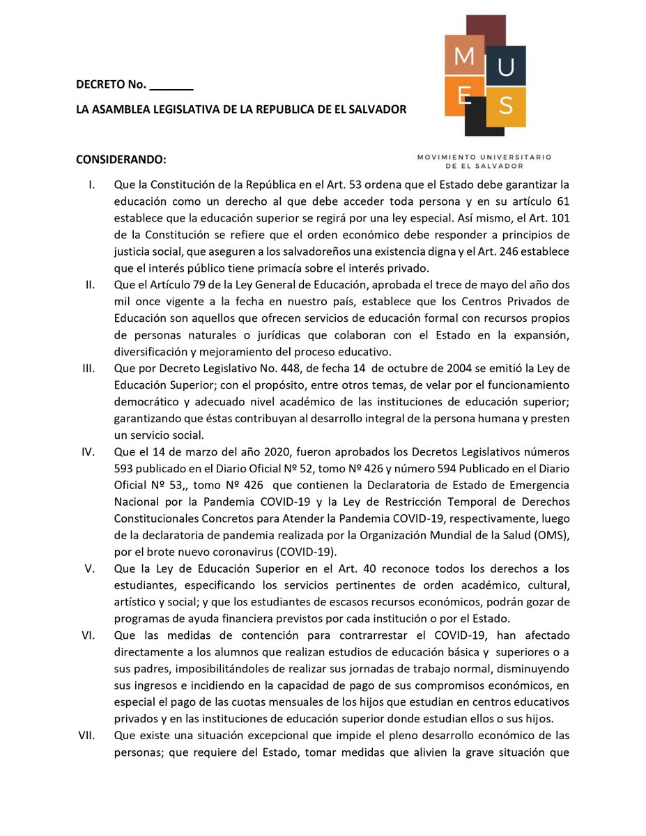 MUES_OFICIAL's tweet photo. Esta es la propuesta oficial del Movimiento Universitario de El Salvador.
1-Reducción de 50% de la cuota mensual y de aranceles extras que no se ocupen.
2-Plataformas eficientes.
3-Retiro de ciclo.
4-PROTECCIÓN PERSONAL UNIVERSITARIO.
5-Incentivos fiscales.

#AyudanosConLaCuota https://t.co/FL32gwO7d4