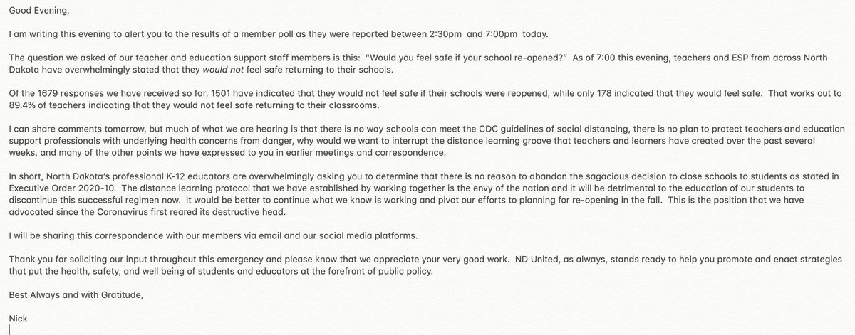 NDUnited's tweet photo. We surveyed our members today to collect their thoughts on the possibility of schools reopening in May.
#NDU President @NDUNick shared the results
of the survey with @DougBurgum office &amp; @NDDPI tonight.

We want to share that correspondence with you. https://t.co/hFu8aJyS91