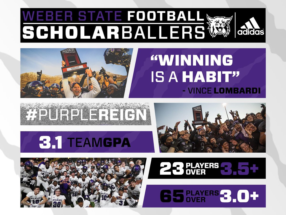 skyler_ridley's tweet photo. So proud of our Team! 65 players above a 3.0 GPA. Any question why we’ve won 32 games the last three years. #PurpleReign @weberstatefb @BigSkyFB https://t.co/TCBPnKGyAj