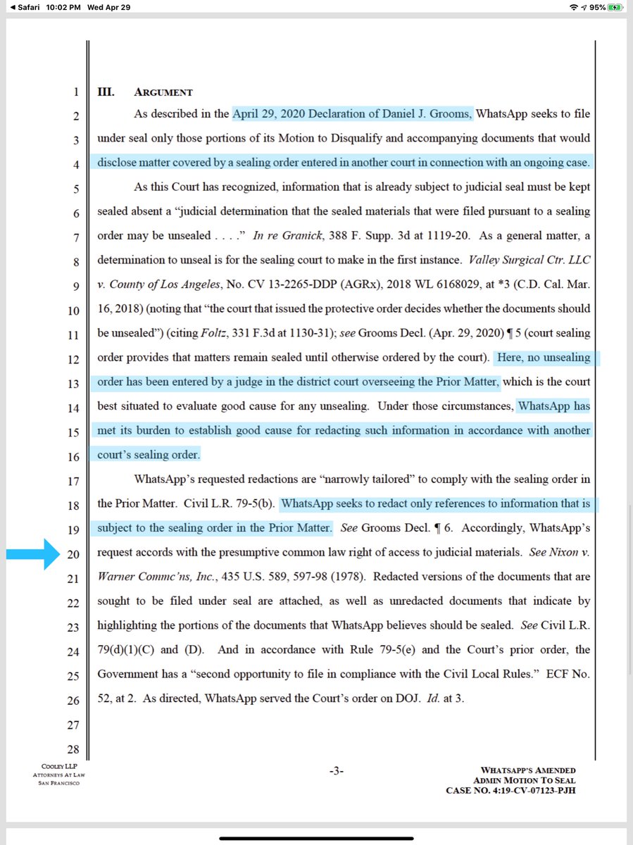 Uploading filings not under seal - here we go (try to keep up, I chugged a Red Bull about 71 minutes ago) In short King & Spaulding repped WhatsApp on another (quasi) related matter  https://ecf.cand.uscourts.gov/doc1/035119217166Here I pulled it down saving you $.50 https://drive.google.com/file/d/11yOxv7YlL7T1icxYLuFfszCv1x1Dcz_C/view?usp=drivesdk