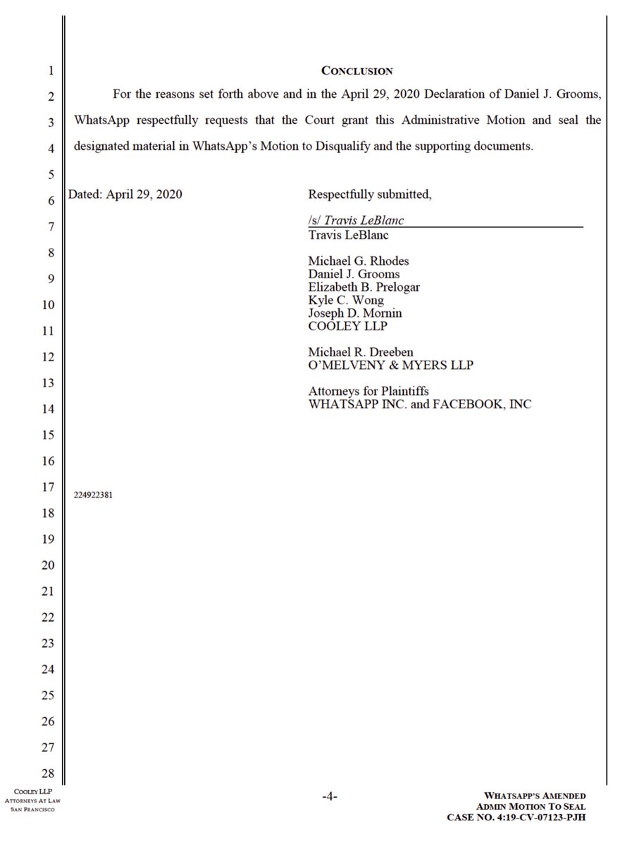 Uploading filings not under seal - here we go (try to keep up, I chugged a Red Bull about 71 minutes ago) In short King & Spaulding repped WhatsApp on another (quasi) related matter  https://ecf.cand.uscourts.gov/doc1/035119217166Here I pulled it down saving you $.50 https://drive.google.com/file/d/11yOxv7YlL7T1icxYLuFfszCv1x1Dcz_C/view?usp=drivesdk