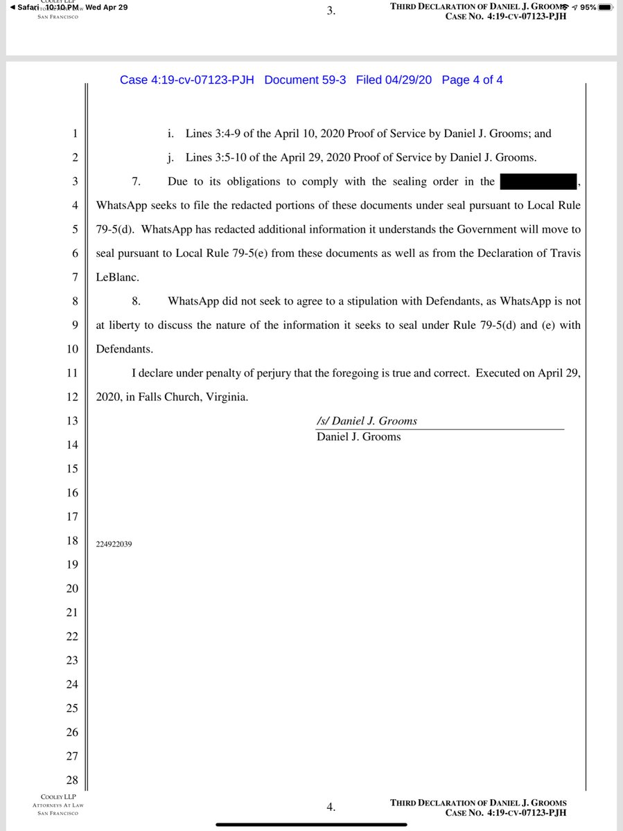 Declaration of Grooms Amended Administrative Motion to Seal  https://ecf.cand.uscourts.gov/doc1/035119217169To be candid you are NOT going to glean very much from the Declarations bc as you can see heavily redactedHere I saved you $.40- it’s arguably pretty narrow sealing https://drive.google.com/file/d/1JMsvTrALu7bl9WySxYil_VvucXcr_OxK/view?usp=drivesdk