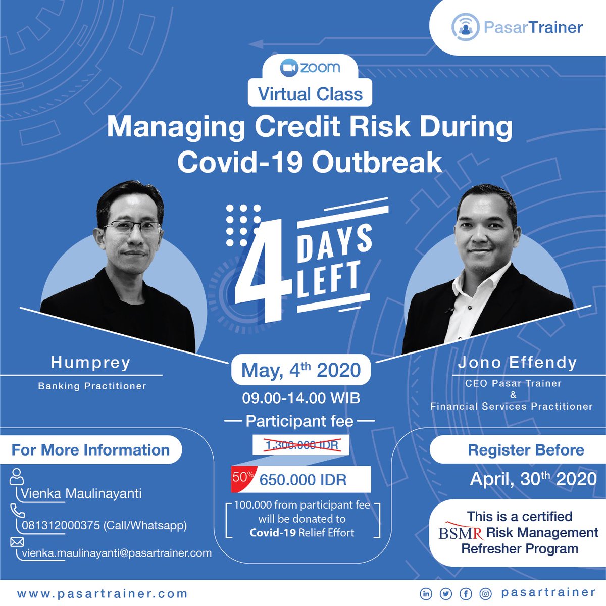 PasarTrainer's tweet photo. Don't forget to register yourself at the BSMR Risk Management Refresher Program. This training will be held on May 4, 2020.
We are looking forward to having you at this virtual training!
#pasartrainer #BSMRcertification #webinar #virtualtraining #refresherprogram https://t.co/otOaj0V5i1