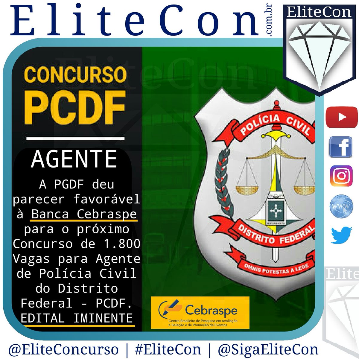 SigaEliteCon's tweet photo. #EliteCon | #EliteConcurso | https://t.co/IRA9EYnKC3 | #PC/#DF: 1800 #vagas será o N° d #vagas a serem preenchidas por #Edital Iminente p/ o #cargo de #Agente d #Polícia Civil da #PCDF depois da #PGDF dar parecer favorável à #Banca #Cebraspe c/ organizadora do próximo #certamente https://t.co/vCJQ8w6Vn5