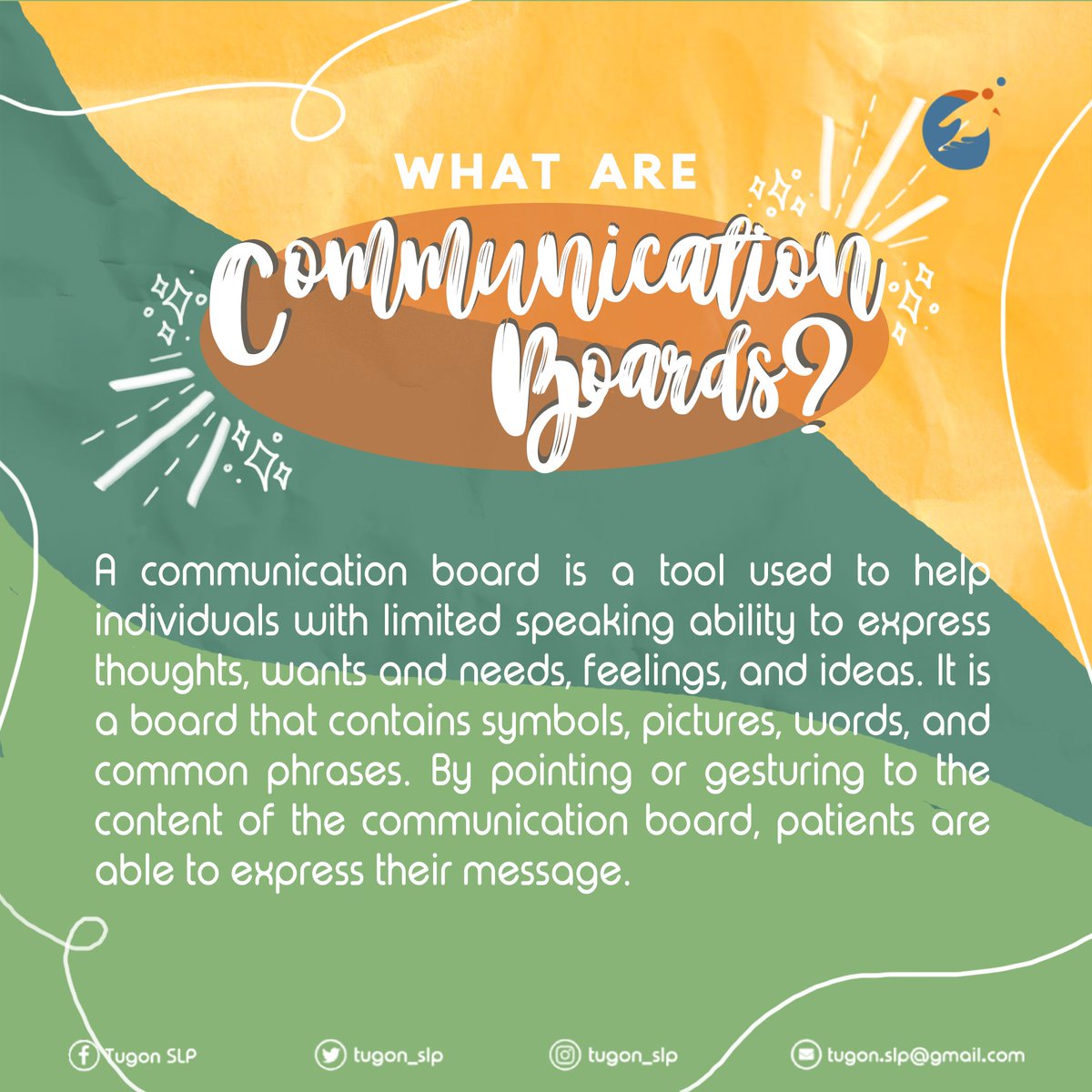 tugon_slp's tweet photo. What are communication boards?

Communication boards aim to help COVID-19 patients who have undergone respiratory support and intubation. It helps in preserving effective communication between the healthcare worker and the patient. 

#TugonSLP 💙🧡💛

Board by: Janna Salcedo https://t.co/yN3fBonFZF