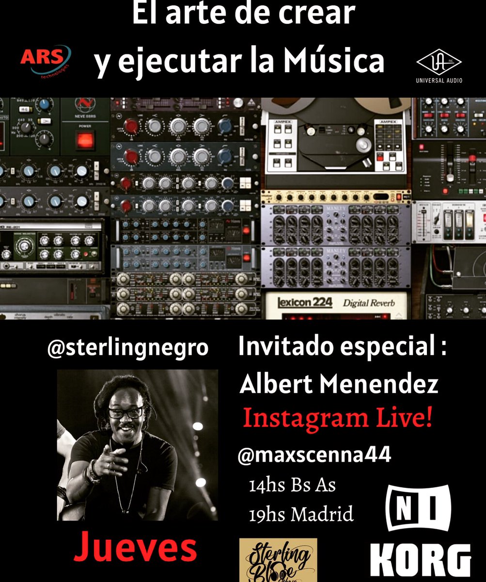 AlbertSMenendez's tweet photo. The reschedule chat is on tomorrow!
1pm NYC time,7pm Madrid You can join by going to @maxscenna44 and join the instagram live feed.
It should be fun!!
#sterlingensemble @korgofficial @korglatinoamerica @nativeinstruments @sounds #charla https://t.co/ngct23YsWo