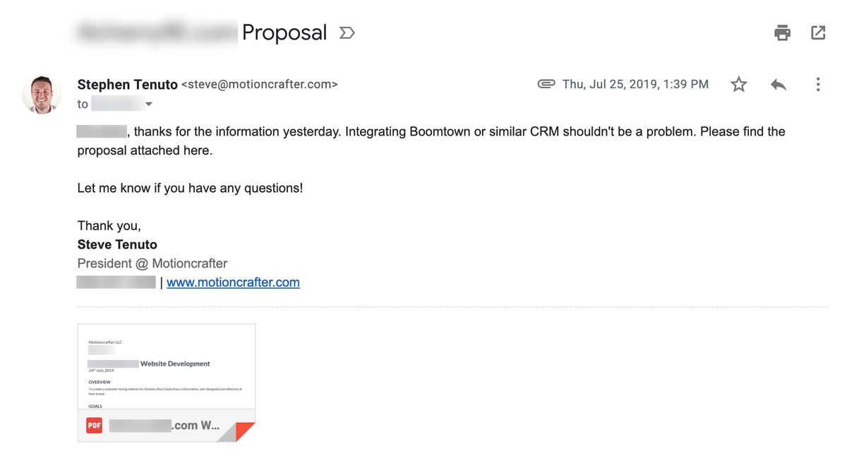 After seeing the quote, they had a question or two about integrating the website with their CRM so they could funnel leads to their team. They were a little skeptical about how this would work since their CRM doesn't have a great API, so I prepared a proposal.(7/14)