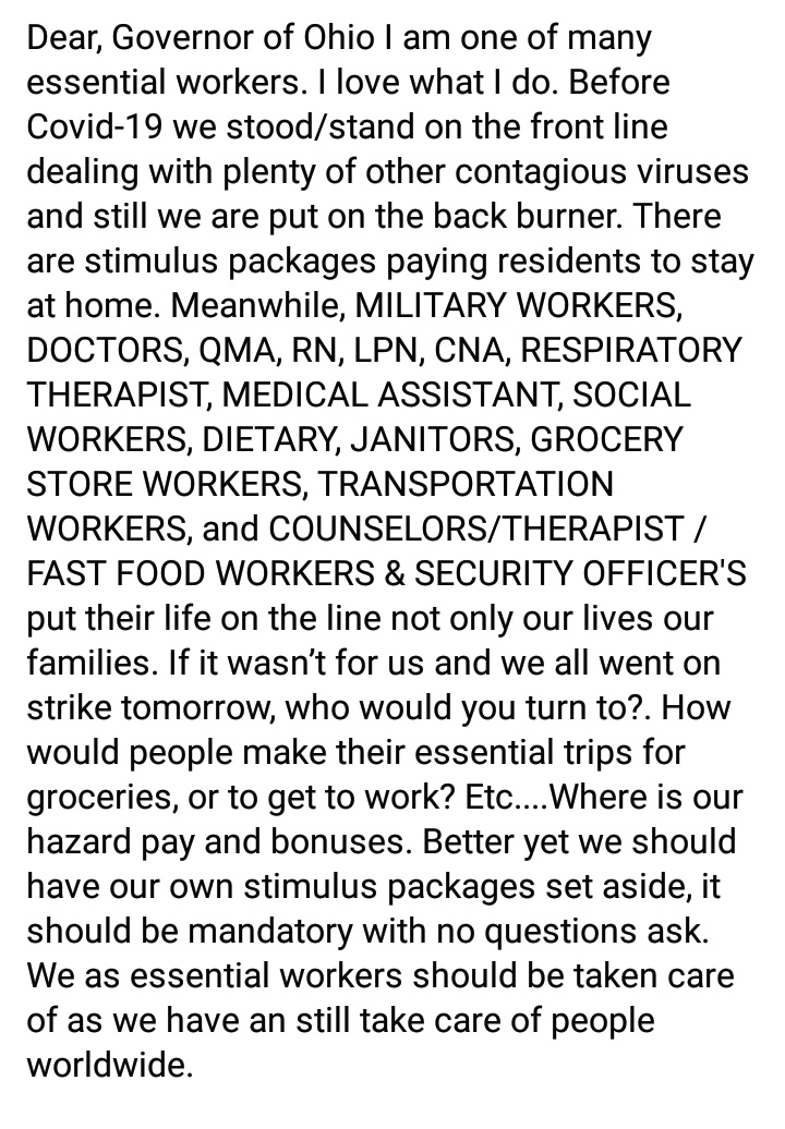 viperdax222's tweet photo. I couldn't type it all out on here so I took a screenshot.  All essential workers feel free to copy and paste! https://t.co/ToLISU7mou