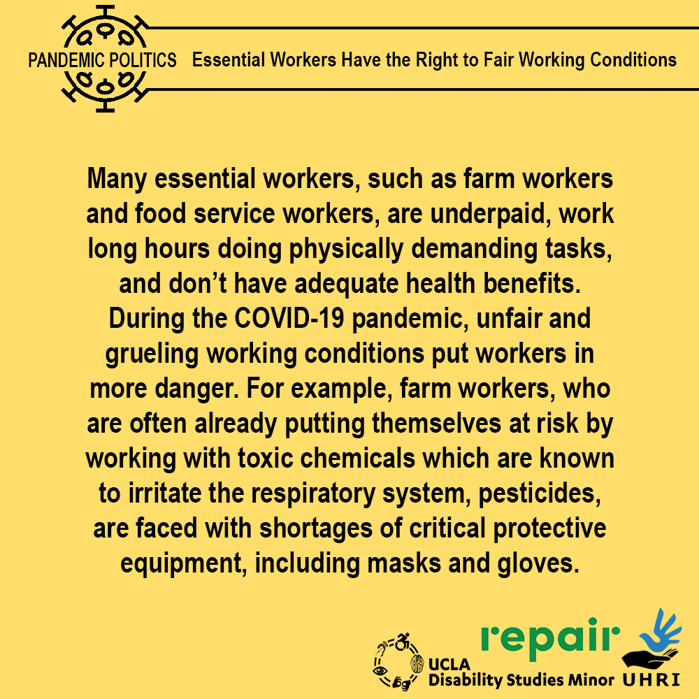 DisStdUCLA's tweet image. Essential workers such as farm workers &amp;amp; food service workers are put in danger by unfair working conditions during COVID-19. See more below.