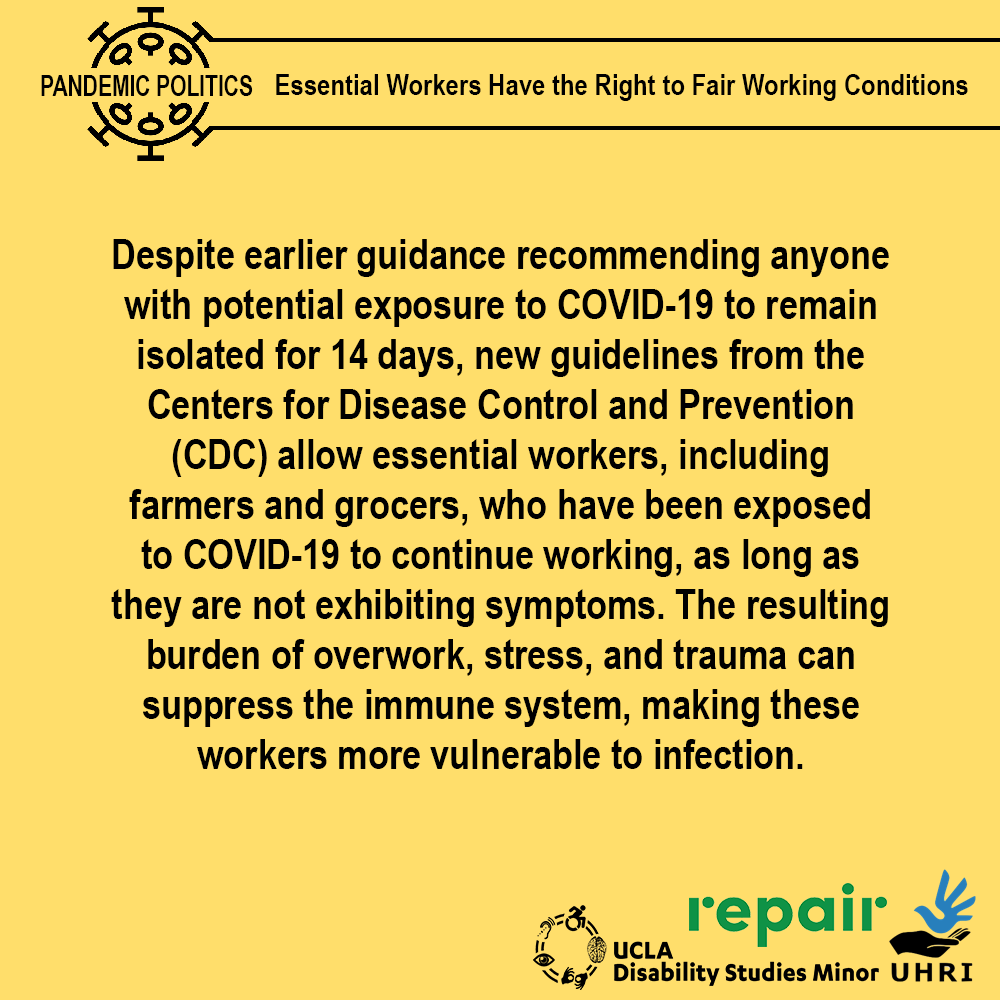 DisStdUCLA's tweet image. Essential workers such as farm workers &amp;amp; food service workers are put in danger by unfair working conditions during COVID-19. See more below.