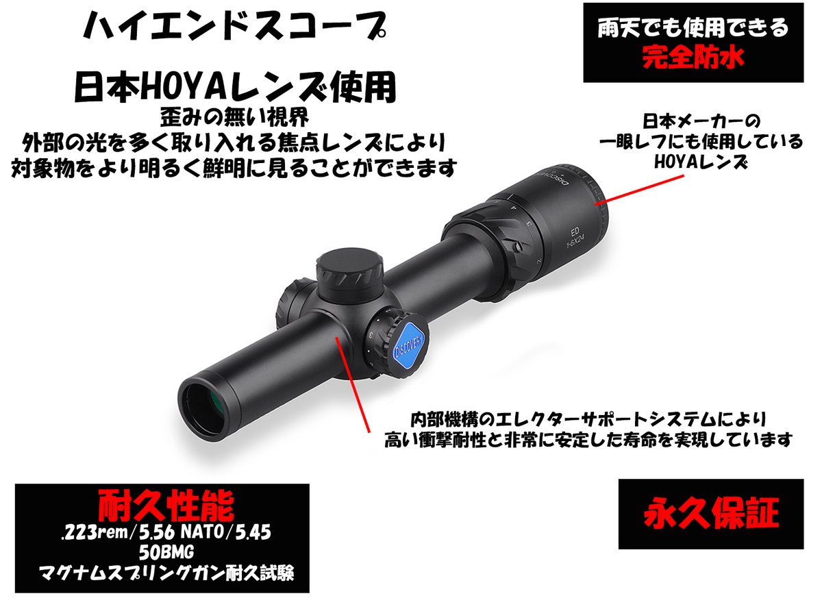 MILITIVE_PR's tweet photo. ご購入有難う御座います🙇
DISCOVERY OPTICS
ED 1-6X24 SFP
日本HOYAレンズ使用ハイエンドスコープ
視界の歪みを極限まで除去
エレクターサポートシステムにより、高い衝撃耐性と非常に安定した寿命を実現
日本正規販売代理店
#サバゲー #DISCOVERYOPTICS
https://t.co/dbqX5ZYtFo https://t.co/MSFPjV83G9