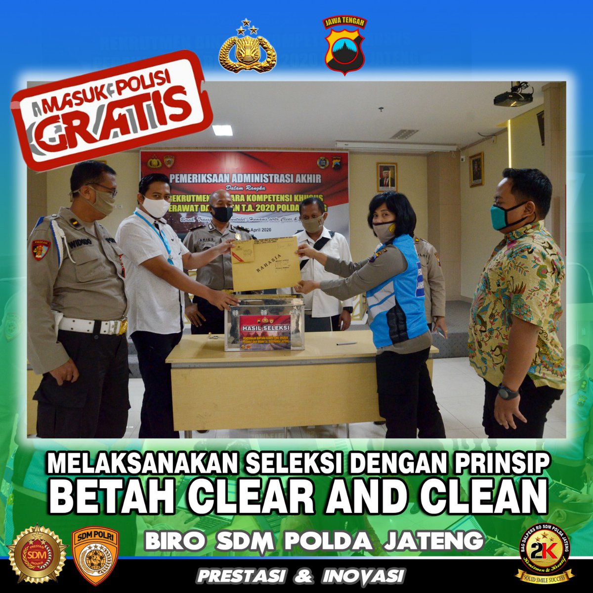 AriiiNovian's tweet photo. Melaksanakan seleksi dengan prinsip betah clear and clean #Penerimaananggotapolri2020 https://t.co/R40rdpUnoe