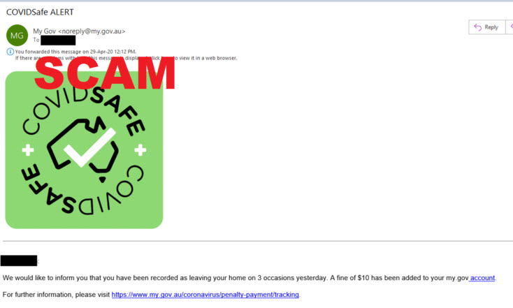 Don’t be fooled by this COVIDSafe ALERT email impersonating myGov. It’s a scam. Don’t click on the links, just delete the email: