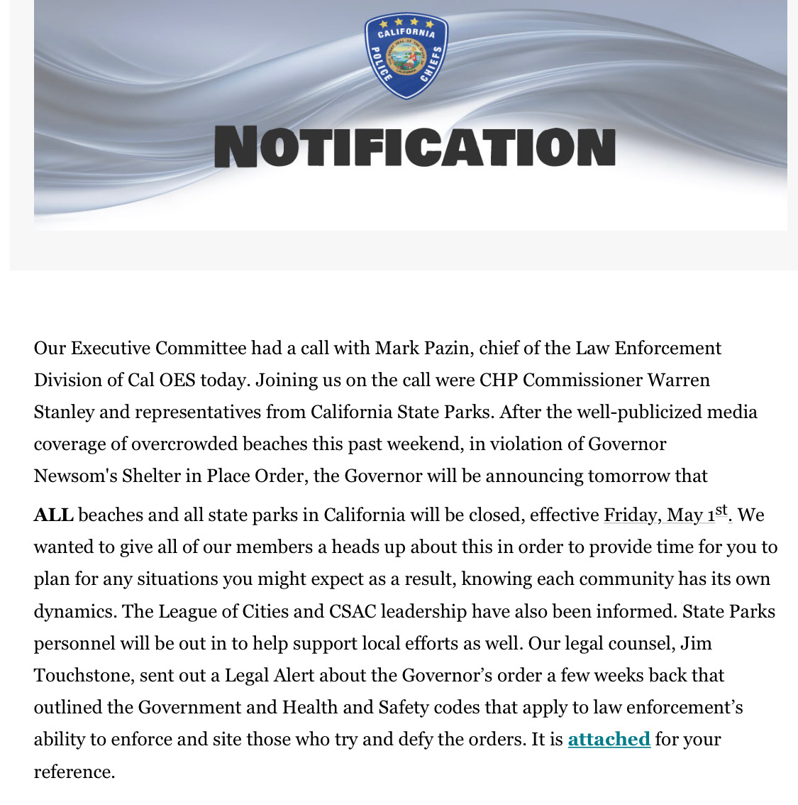 CBSLosAngeles's tweet photo. #BREAKING: Gov. Gavin Newsom tomorrow will call for all beaches and state parks to close starting Friday, a memo sent to all California police chiefs says https://t.co/TUfR0xM7VG https://t.co/Ofe68hcVqg