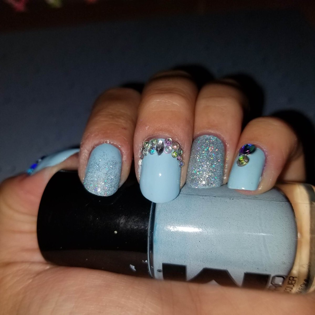 Studio M's "Who's That Girl" with rhinestones and Revlon's  "Holographic Pearls"