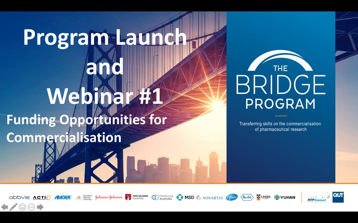 program_bridge's tweet photo. And we're off! Launching the #2020BridgeProgram today with our first Virtual Seminar and talks from Sarah Meibusch Principal at @OneVenturesVC and Andrew Leech Director of Industry Engagement, Health at @QUT. Panel discussion with @UniQuestUQ and more! https://t.co/7xkHeGtrdA