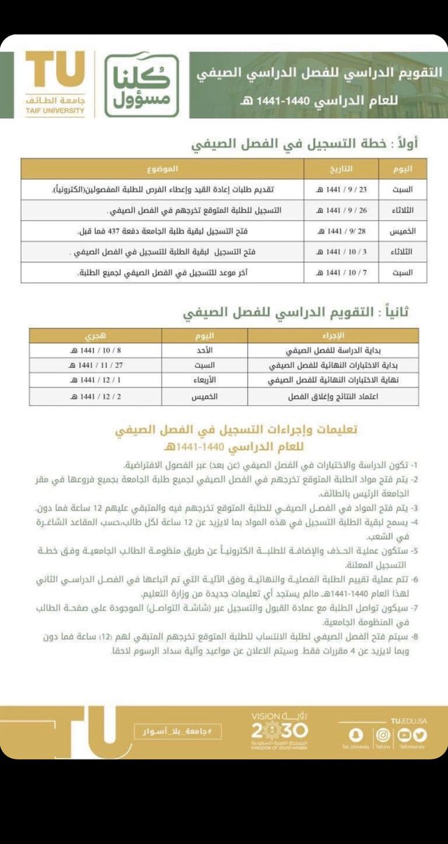 #جامعة_الطائف
التعليمات والإجراءات للتسجيل في الجدول الصيفي بالتوفيق للجميع