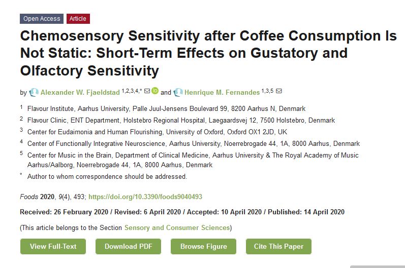 #mdpifoods  Read a good paper entitled: "#Chemosensory Sensitivity after Coffee Consumption Is Not Static: Short-Term Effects on #Gustatory and #Olfactory Sensitivity". More details at: mdpi.com/2304-8158/9/4/…