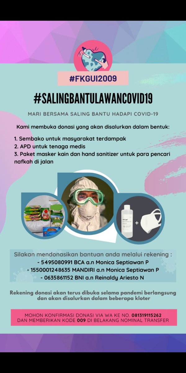 michelot91's tweet image. #fkgui2009 #salingbantulawancovid19 kami membuka donasi, untuk realisasinya bs dilihat di instagram @fkgui.09
@catwomanizer mohon bantuan untuk disebarkan🙏