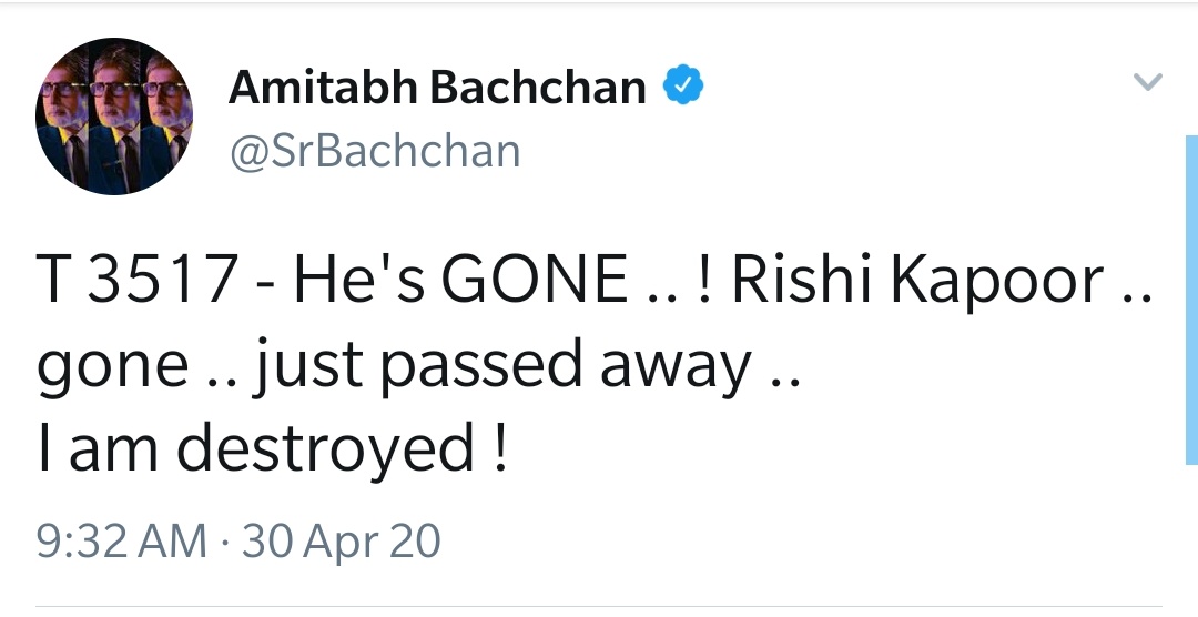 DelhiTimesTweet's tweet photo. Actor #RishiKapoor passes away, co-star and friend #AmitabhBachchan announces on Twitter. The veteran actor had been hospitalised in Mumbai yesterday

#RIPRishiKapoor https://t.co/D4sY3jwz4Y