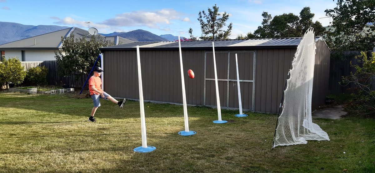 ISO setup....with the help of a golf net 😀 Well done sir - and Happy Birthday in May 🎁 #sports #posthigh #footy #kids #juniorfooty #fun #auskick #safe #afl #freeshipping #goals #isolation posthigh.com