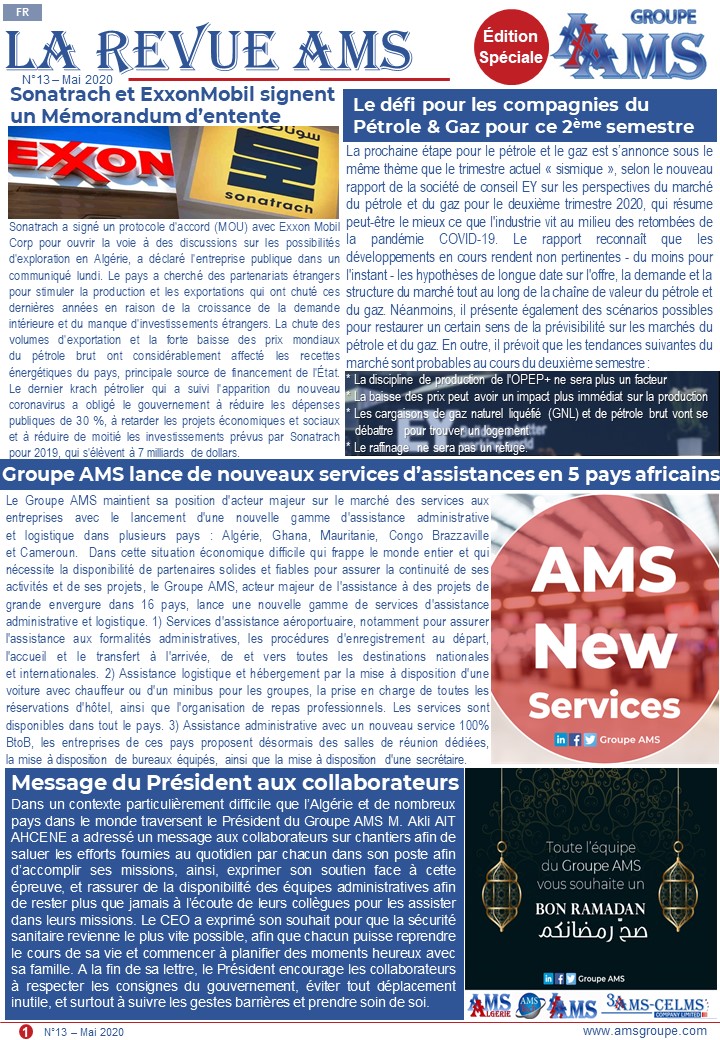 AMS_Groupe's tweet photo. Find your "AMS monthly Review" for this month 👇👇 
Sonatrach Eni #Oil #OPEC #Assistance #Algeria #Ghana #Mauritania #RDCongo #Cameroon #Workers #Ramadan
https://t.co/TMGVhDNCcW https://t.co/9nr8PzxAk9
