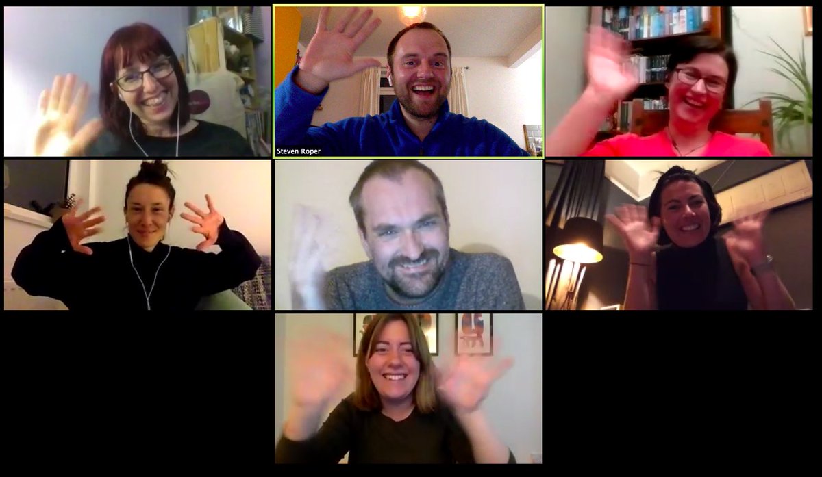 Mr_S_Roper's tweet photo. Whilst conscious that looking at the Zoom camera and waving was very five weeks ago. The #CASE2017 cohort would like to say hello to the @CuriousMindsNW team and wish them and their families all well from @LeahB_Dance @g_redston @KateHoulton @Cat_Lumb Rosie, Gillian and myself. https://t.co/Upb2jzWHkY
