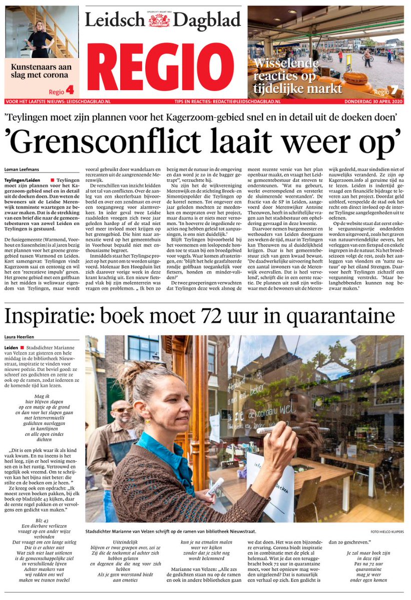 marianne_velzen's tweet image. Mooi verwoord... hoe mijn quarantainedag gisteren verliep. In het Leidsch Dagblad vandaag #corona #bplusc #cultuurcoaches #leiden