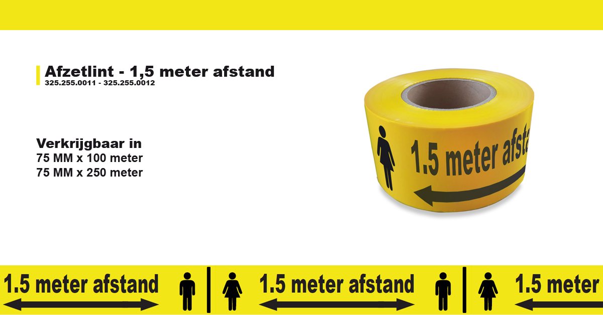 sicombouw's tweet photo. Nu in ons assortiment afzetlint met de boodschap “1,5 meter afstand”. Een goede manier om bezoekers er op te attenderen dat ze netjes afstand houden. Het lint is verkrijgbaar op een rol van 100 of 250 meter. https://t.co/ORrKN826uU