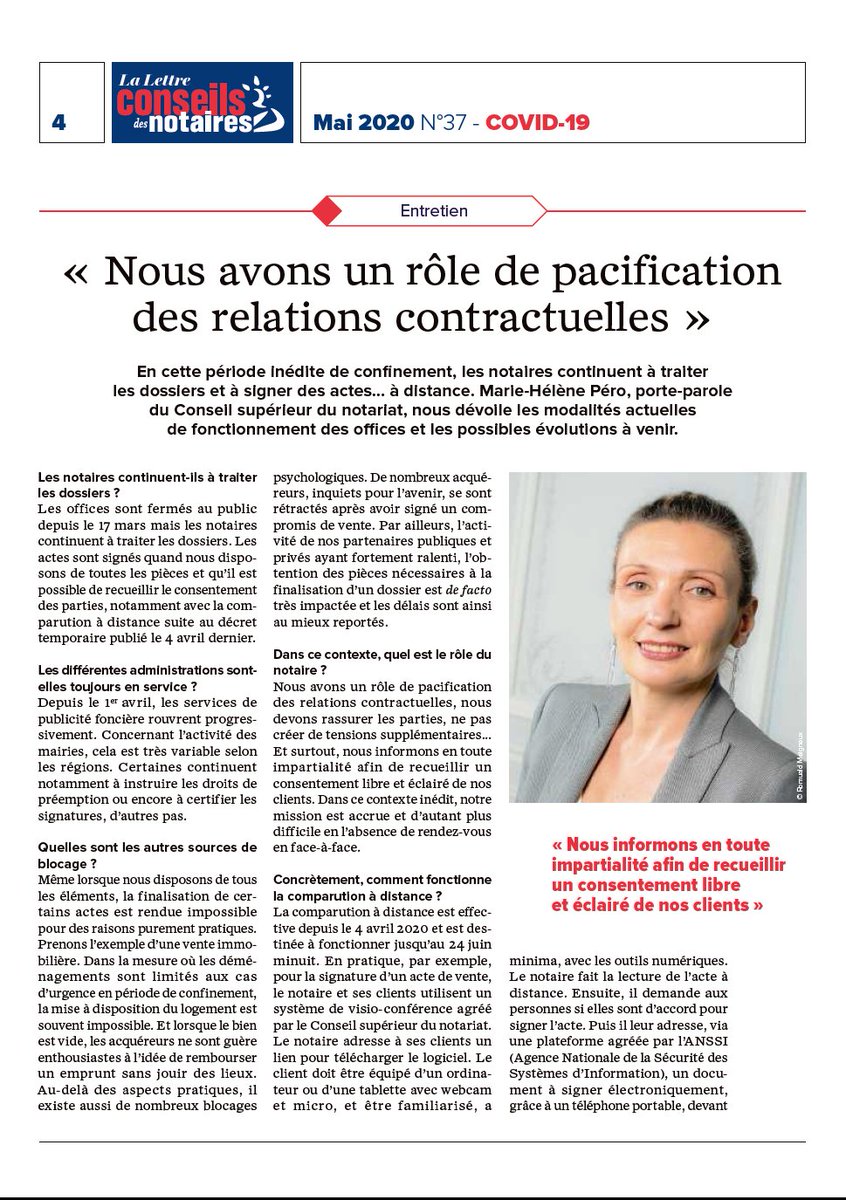 Notaires_CSN's tweet photo. "Nous avons un rôle de pacification des relations contractuelles » Marie-Hélène Péro, porte-parole du Conseil supérieur du #notariat, dévoile les modalités actuelles de fonctionnement des offices et les possibles évolutions à venir. #notaires #COVID19 https://t.co/dqWUl8kibU
