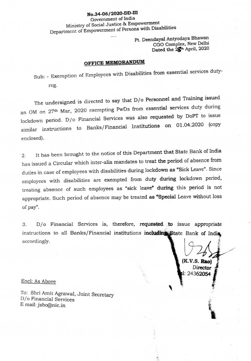 socialpwds's tweet photo. On request of National Federation of Blind , #DEPwD took up with  DoFS which issued advisory yesterday to all public sector banks and insurance companies to treat absence of employees with disabilities during #Lockdown period as special leave without loss of pay.
@PIB_India https://t.co/2wWk4UDpBf