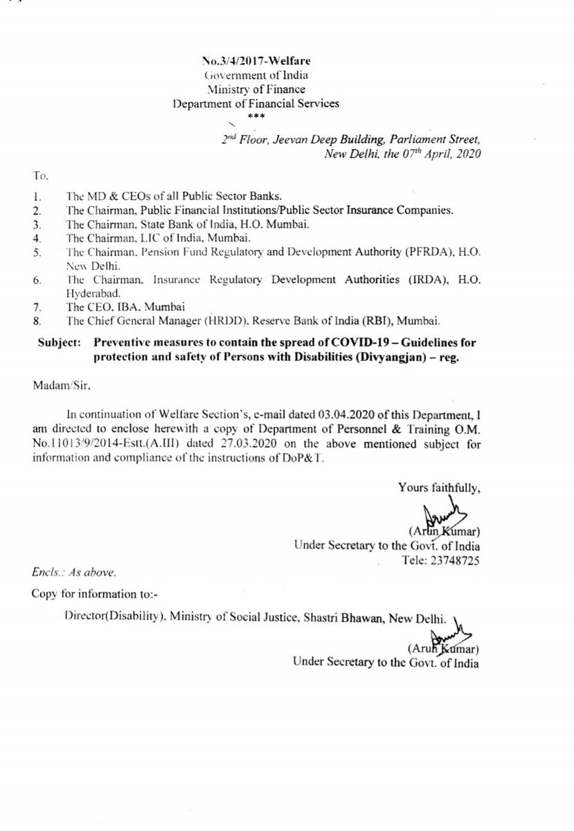 socialpwds's tweet photo. On request of National Federation of Blind , #DEPwD took up with  DoFS which issued advisory yesterday to all public sector banks and insurance companies to treat absence of employees with disabilities during #Lockdown period as special leave without loss of pay.
@PIB_India https://t.co/2wWk4UDpBf