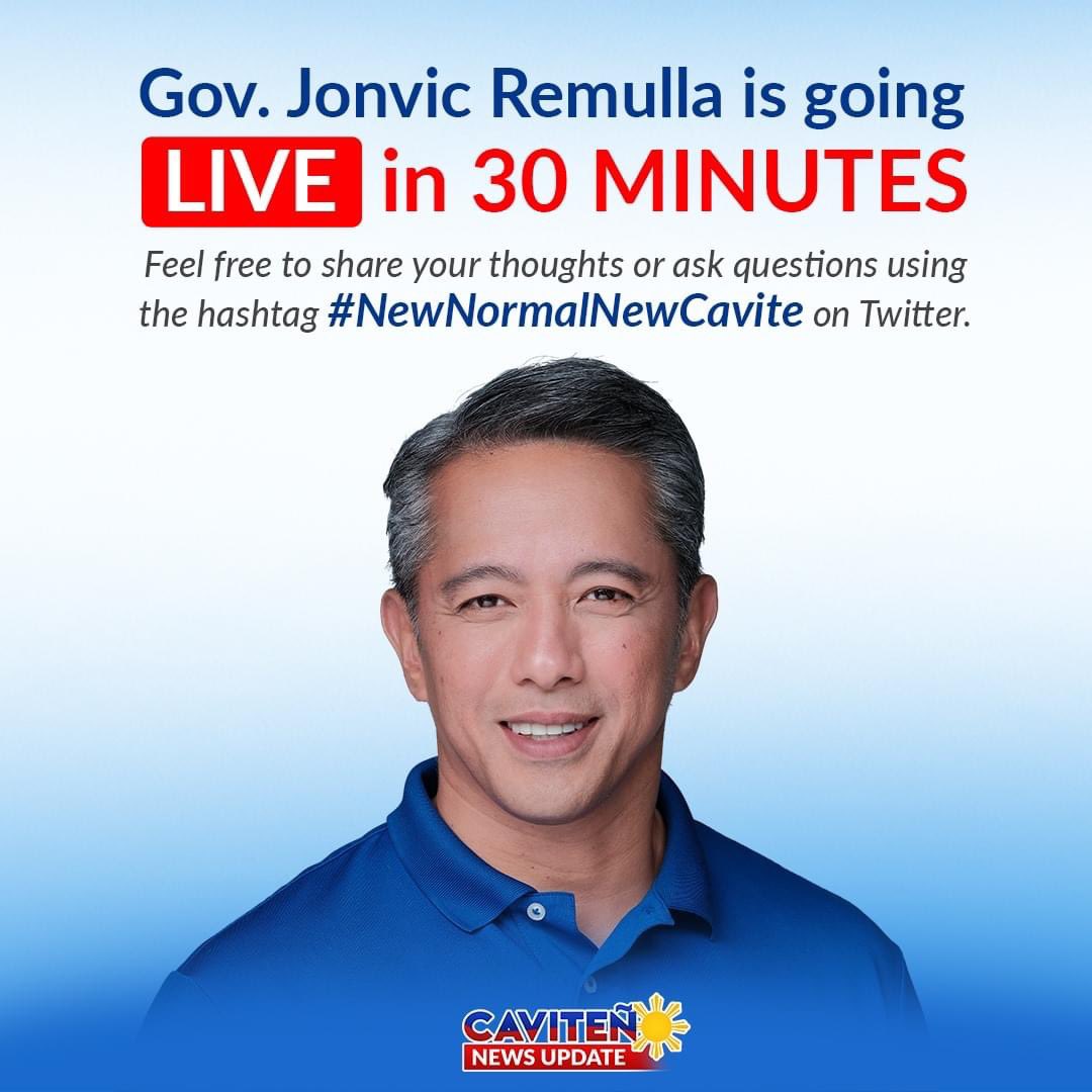 proud_caviteno's tweet photo. GOVERNOR JONVIC REMULLA IS GOING LIVE IN 30 MINUTES
Caviteños, let us all watch Gov. Jonvic Remulla's live broadcast today at 2PM. Feel free to share your thoughts or ask questions using the hashtag #NewNormalNewCavite https://t.co/xS11ovRPjI