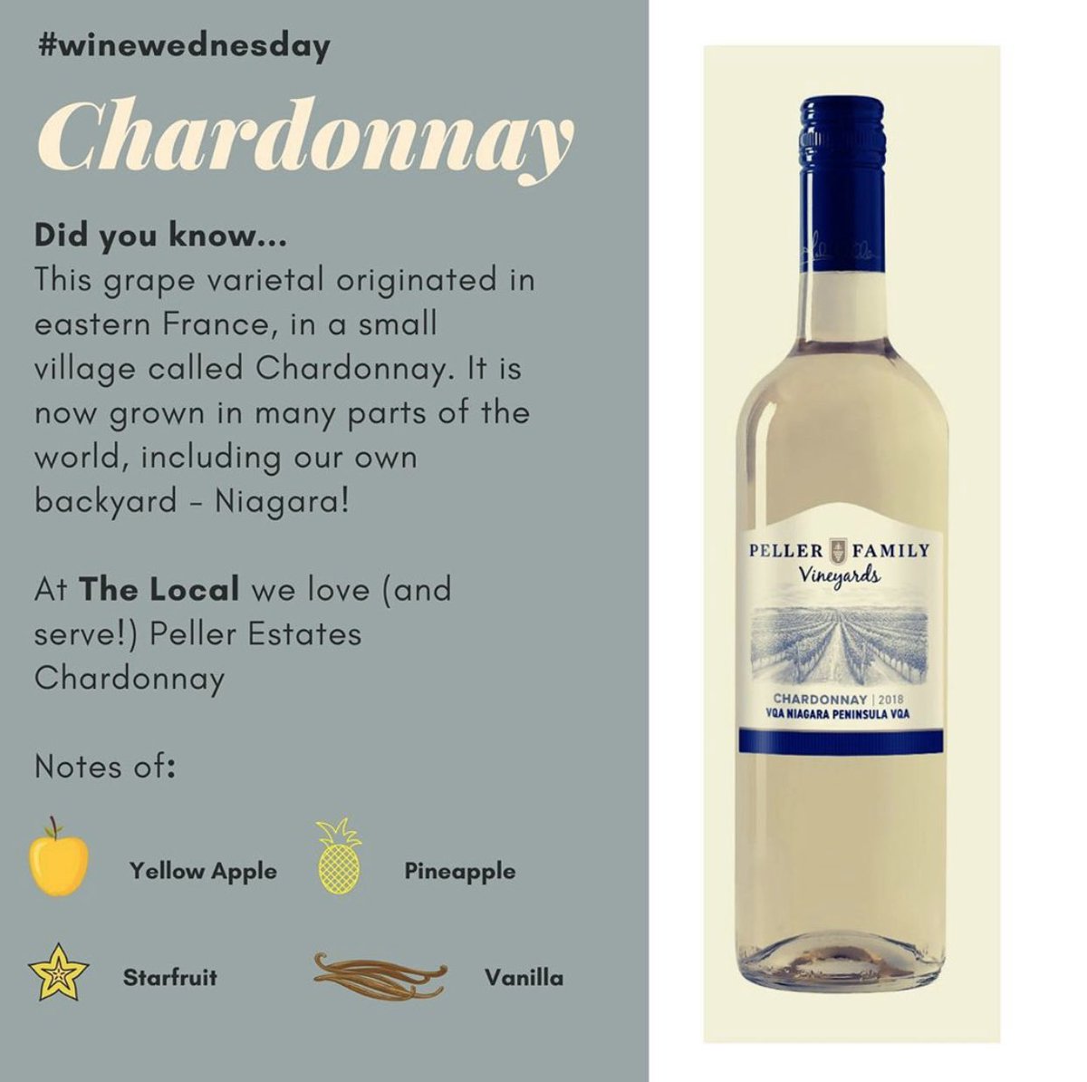 Let’s talk Chardonnay!A beloved and well known grape varietal around the world, it grows beautifully in our own backyard, Niagara-on-the-Lake. We are proud to serve <a href="/pellerwines/">pellerwines</a> at The Local!