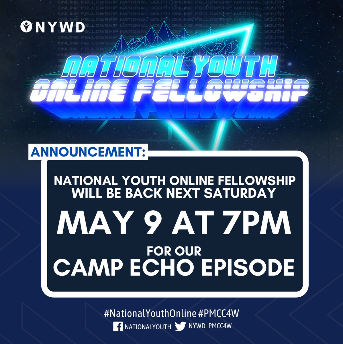 iywd_4w's tweet photo. Can you hear the echoes of God's goodness resonating? The National Youth Online Fellowship Camp Echo episode will premiere next Saturday, May 9th at 7 PM, only here at the National Young Watchers Department Facebook page. Save the date and be there!

#NationalYouthOnline #PMCC4W https://t.co/moxUbjqaEO