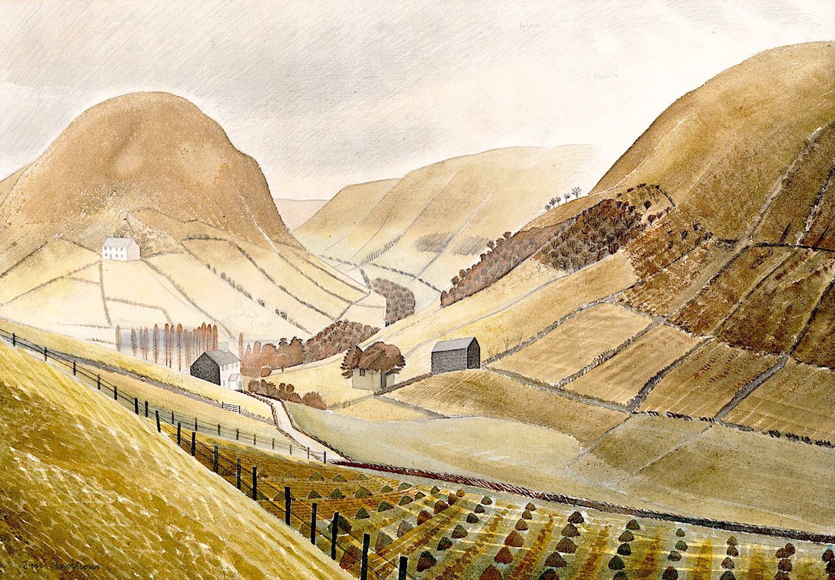 Corn Stooks and Farmsteads, Eric Ravilious, 1935. It depicts Hill Farm, Capel-yffin, #Wales. The original artwork was sold at <a href="/ChristiesInc/">Christie's</a> in 2018 and is now in a private collection.