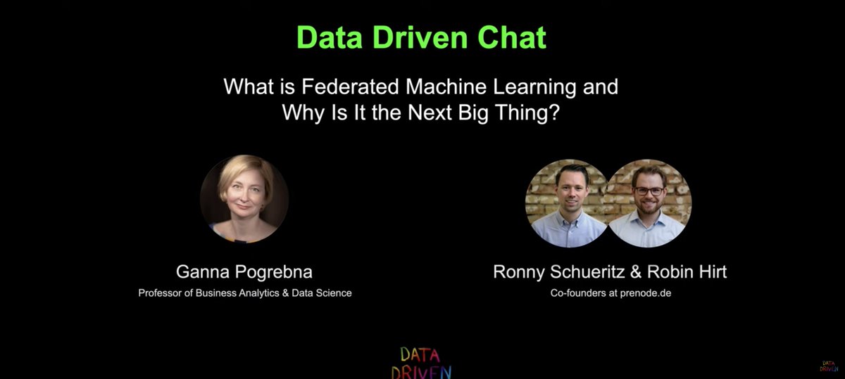What is #Federated #MachineLearning and Why Is It the Next Big Thing? In the new #DataDrivenChat I talk to <a href="/RonnyMS/">Ronny Schüritz</a> and <a href="/robin_hirt/">Robin Hirt</a> (prenode.de) about  #federated  #machinelearning,  #datascience and the #future of  #AI post-#COVID19:
lnkd.in/dNqqWwb