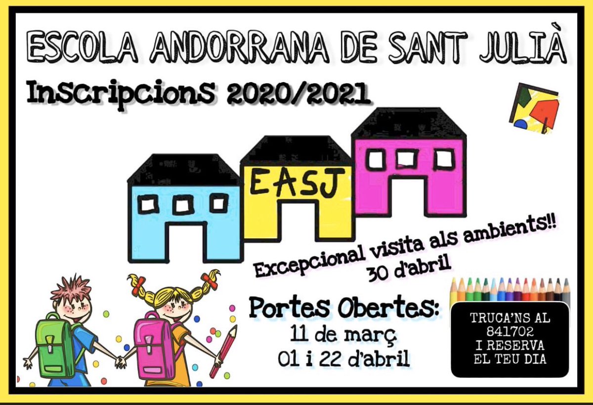 EASantJulia's tweet photo. ATENCIÓ! 📌 T’agradaria que el teu fill o la teva filla pugui estudiar a la nostra escola? 🏫Avui és L’ÚLTIM DIA. 📝No et quedis sense plaça‼️Escriu-nos un correu a adsju@educand.ad i demana informació de com fer el tràmit online! https://t.co/VbAwbPJlE8