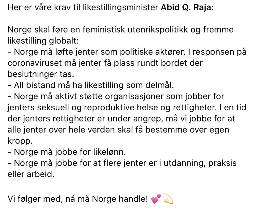I dag skal regjeringens likestillingspolitiske redegjørelse debatteres i Stortinget! Koronakrisa kan gjøre at likestillingen i verden blir satt flere hakk bakover. Her er våre krav til likestillingsminister <a href="/abidraja/">Abid Raja</a>! Vi følger med💖