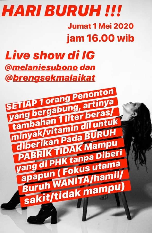 GSBIPusat's tweet photo. Yuk .. ikutan gabung, live show IG dgn @melaniesubono 
Untuk bantu Buruh korban PHK dan Ibu Hamil
@GSBI_DIY @Firmansyahbala2 @InoniIsmett @kokomkomalawat1 @Aufklarung00 @ecosocrights @lestarihk @sringhk https://t.co/fClX4fwb73