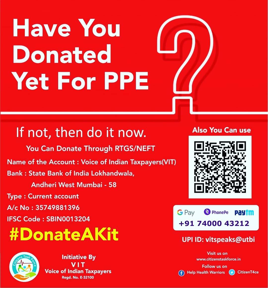 Corona scare is at its peak now. 
The scare is not over yet. We request you to appeal your friends, extended family and raise funds, so we can support more Health Warriors.

#DonateAKit #JeeteyRaho