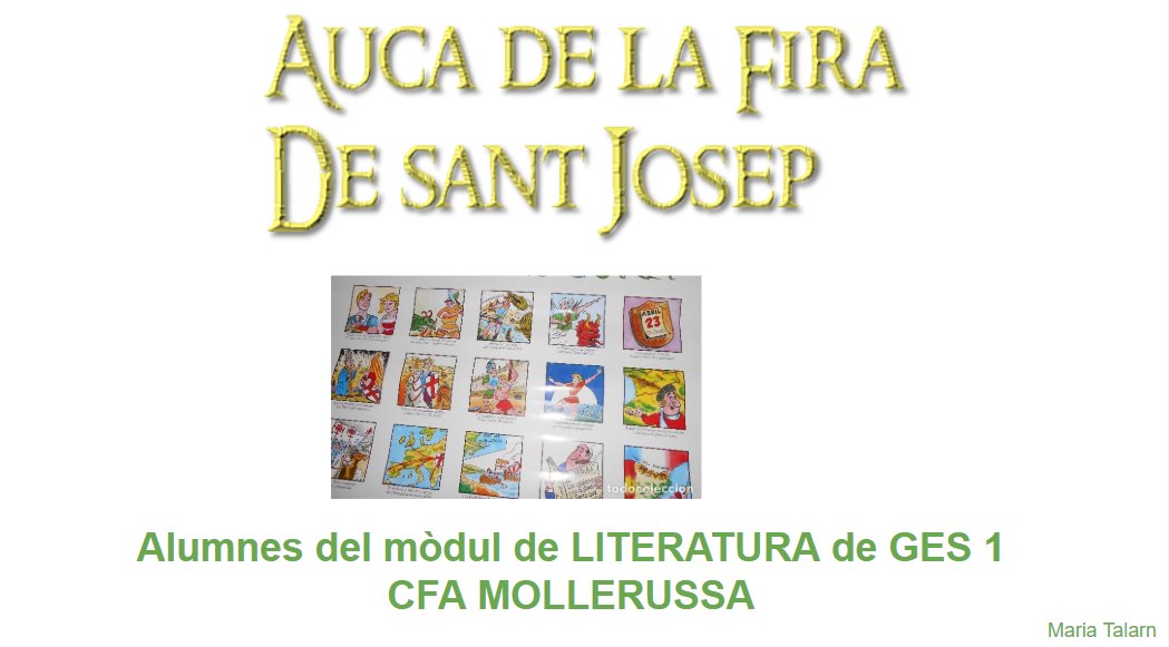 CfaMollerussa's tweet photo. Auca de la Fira de Sant Josep
Seguint amb el projecte educatiu de zona sobre la ciutat de Mollerusssa, els alumnes del mòdul de Literatura van elaborar l'”Auca de la Fira de Sant Josep”...
Clica aquí per visualitzar-la: https://t.co/T7XG0Esn4A

[més] https://t.co/QCXUT9LSb7 https://t.co/LCPcduf6ID