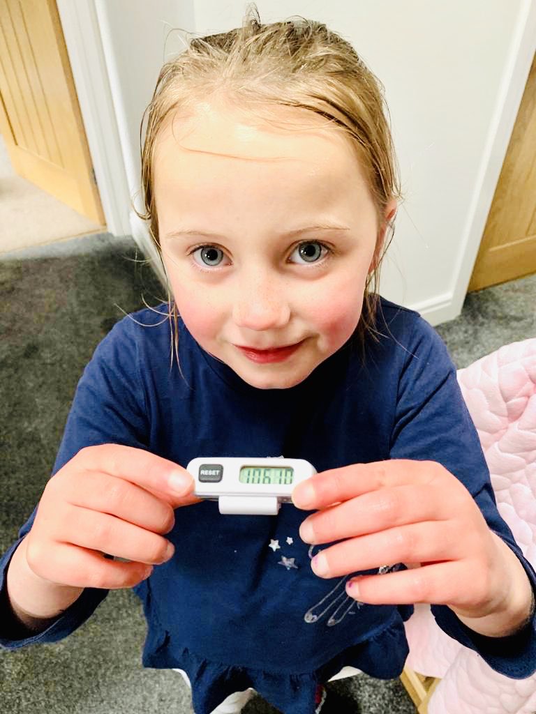 time4_education's tweet photo. Even in the rain we are doing our daily walk. India wanted to use a pedometer to see how many steps she did... 10,610, which was around 6km. Mental maths questions and holiday talk all the way too 😊 @BramleyInfant https://t.co/1Qjor6QYux