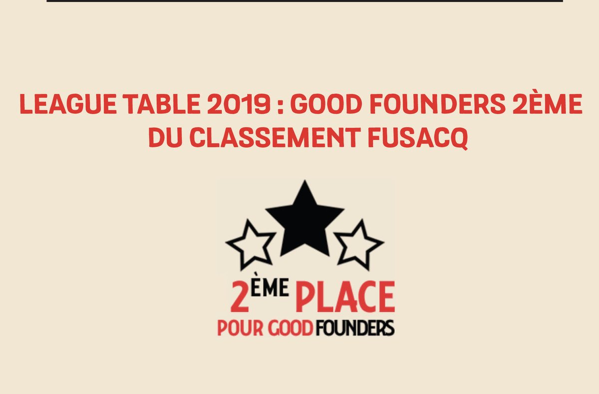 LEAGUE TABLE 2019 : GOOD FOUNDERS 2ÉME DU CLASSEMENT FUSACQ
Pour en savoir plus : bit.ly/2VOh0gE

#classement #fusacq #decideurs #opération #pme #fortenotoriete