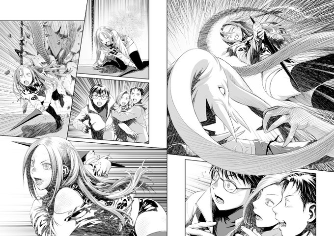 愚作「鞘-SAYA-」から、台詞フキダシ擬音無し絵、その,10
基本的には見開き2ページ分で作業しています
片頁(1ページ分)のは、最後のページと次の回の最初のページです。
シーンが繋がってます(^^;; 